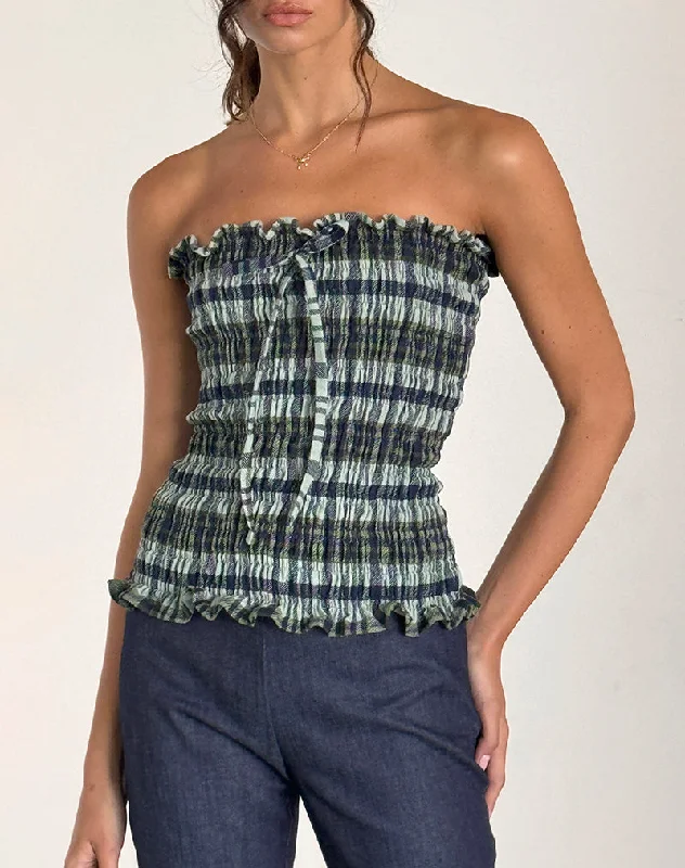 Rigia Bandeau Top in Linen Mono Check Green