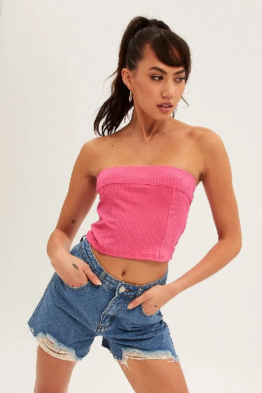 Pink Tube Top Bandeau Panel Detail Rib Strapless