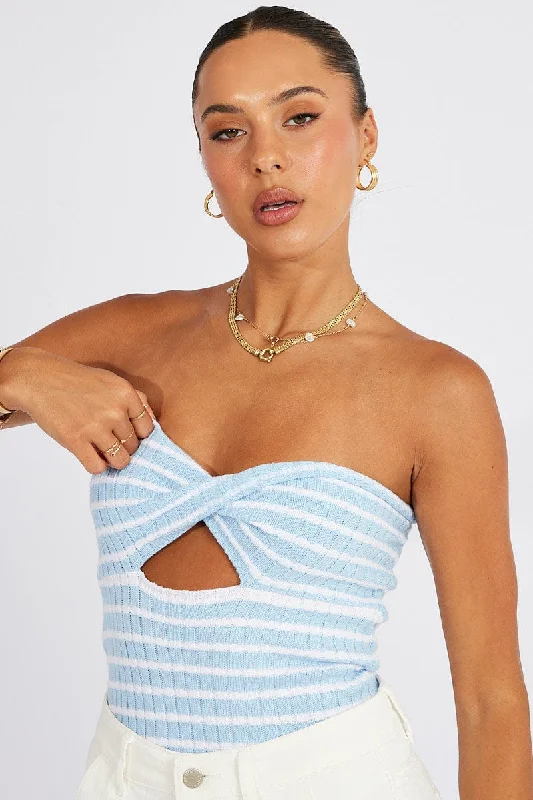 Blue Stripe Crochet Knit Top Bandeau