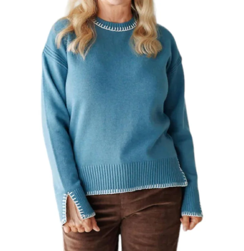 Blanket Stitch Crew Neck Sweater In Peacock Teal Blue