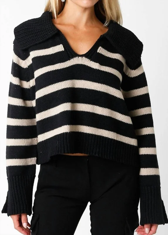 Drama Collar Stripe Sweater In Black