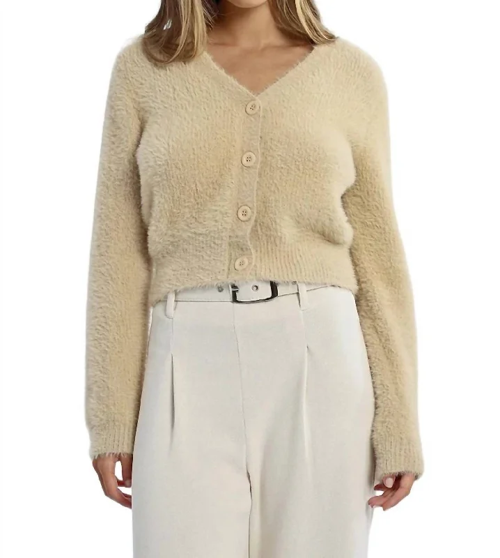 Fluffy Knit Crop Cardigan In Beige