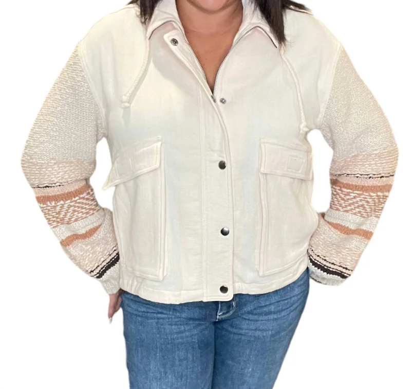 Sleeve Snap Front Sweater Jacket In Cream