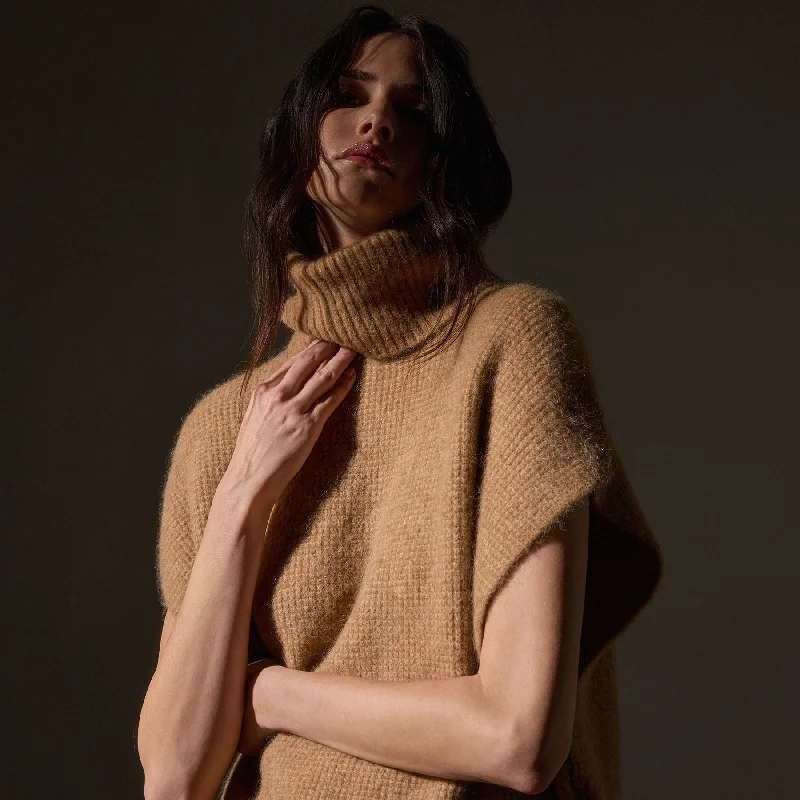 Waffle Knit Funnel Neck Tunic - Camel