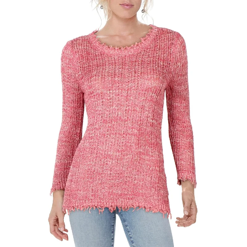 Womens Knit Frayed Hem Crewneck Sweater