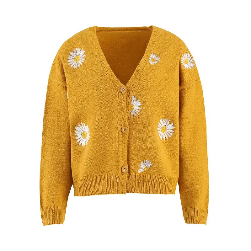 Trendy Women's Embroidered Cardigan - Stylish Single Breasted Sweater