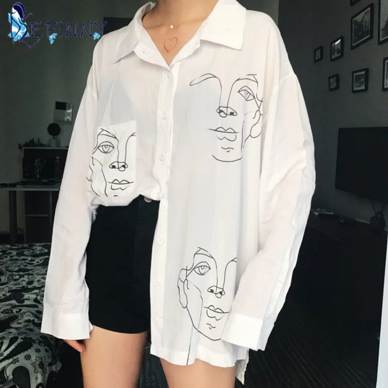 2020 New Summer Blouse Shirt Female Cotton Face Printing Full Sleeve Long Shirts Women Tops Ladies Clothing