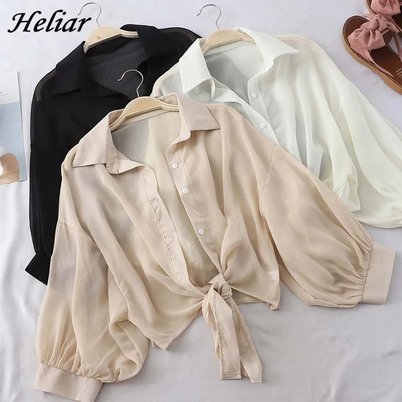 HELIAR Chiffon Shirts Women 2020 Summer Half Sleeve Buttoned Up Shirt Loose Casual Blouse Tied Waist Elegant Blouses For Women