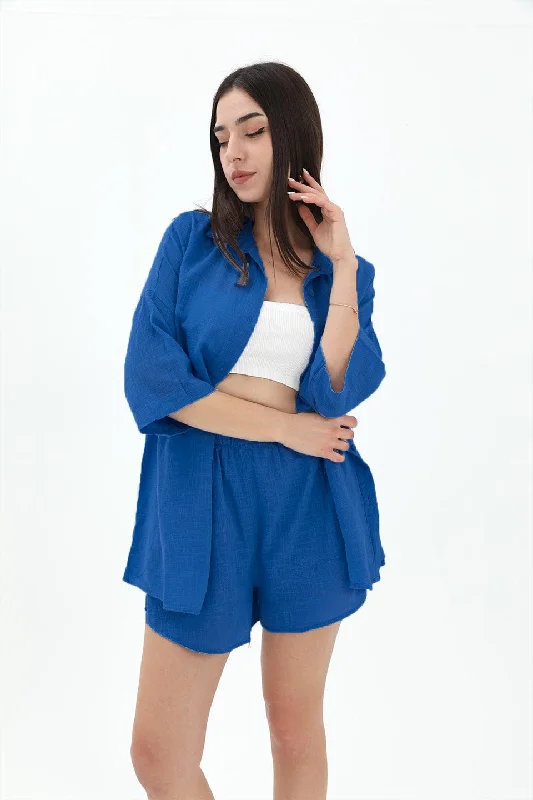 Cotton Linen Shorts Shirt Women's Double Suit - SaksBlue