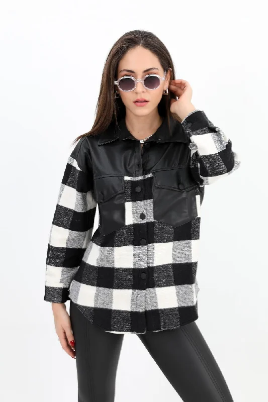 Women's Shirt Lumberjack Leather Garnished Pocket - Black