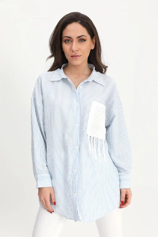 Women's Shirt Pocket Embroidery Tasseled See-through - Blue