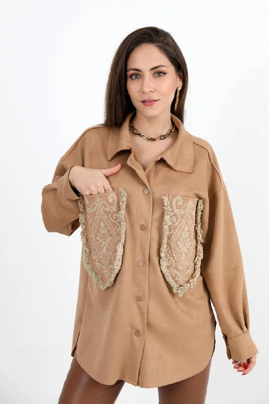 Women's Shirt Pocket Tasseled Embroidered Suede - Camel