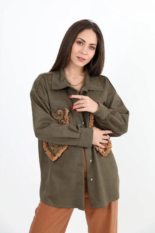 Women's Shirt Pocket Tasseled Embroidered Suede - Khaki