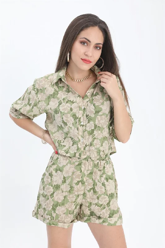 Women's Shirt Printed Double Layer Sleeve - Green