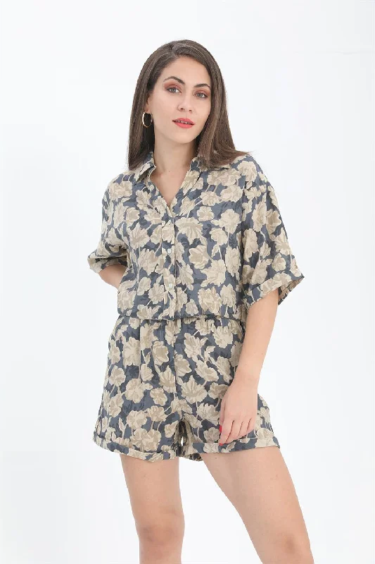 Women's Shirt with Double Layer Printed Sleeve - Navy Blue