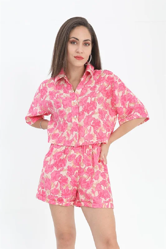 Women's Shirt with Printed Double Layered Sleeve - Fuchsia