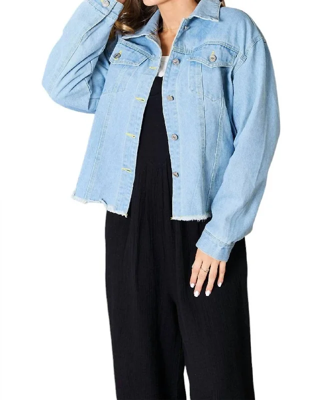 Trendy Denim Jacket With Raw Hem In Light Blue