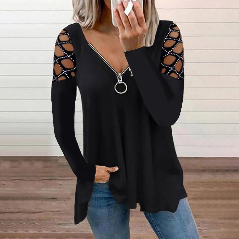 Hot Drilling Zipper V Neck Long Sleeve T-shirt