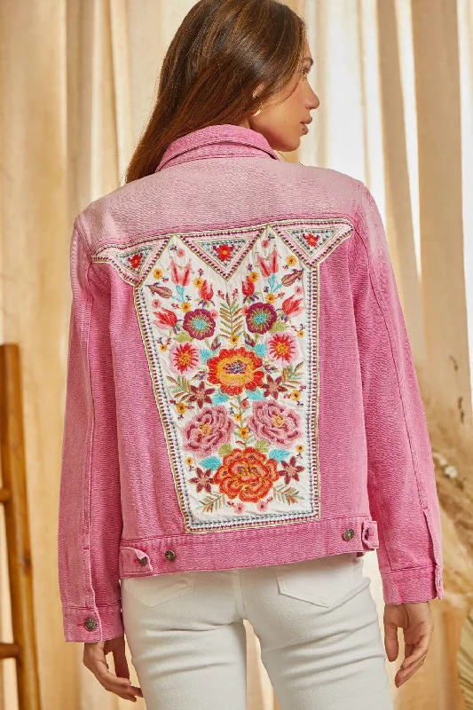 Embroidered Denim Jacket, Pink