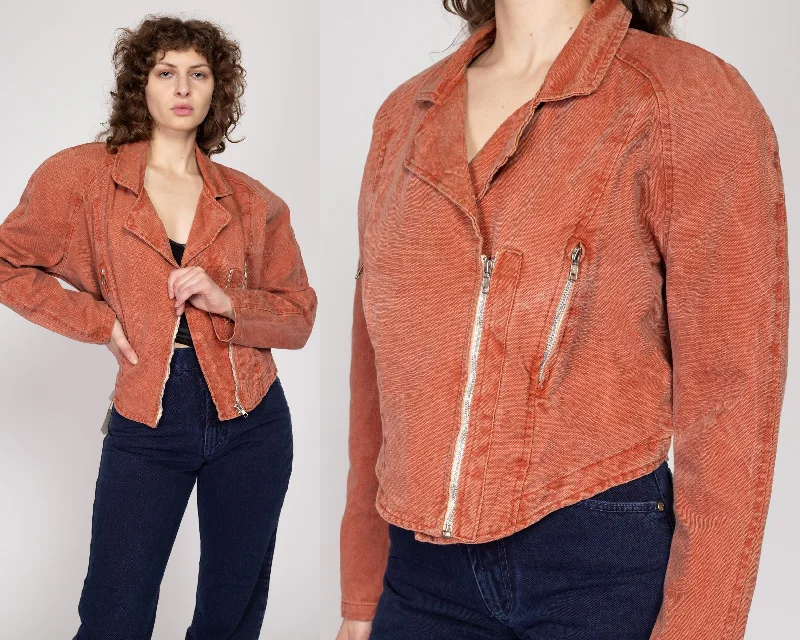 Large 80s Burnt Orange Denim Moto Jacket