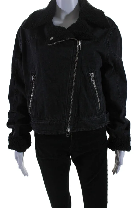 Veronica Beard Womens Cotton Faux Fur Lined Zipped Denim Jacket Black