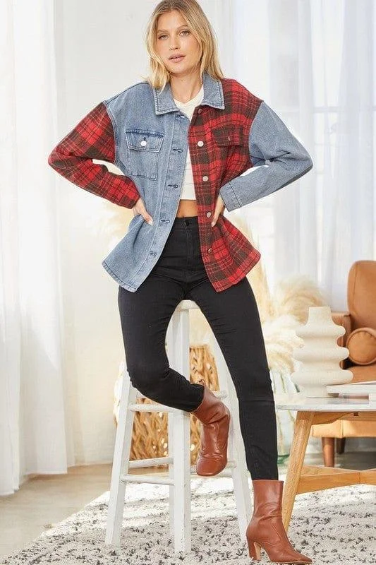 Plus Women's Denim and Plaid Jacket with contrasting Collar