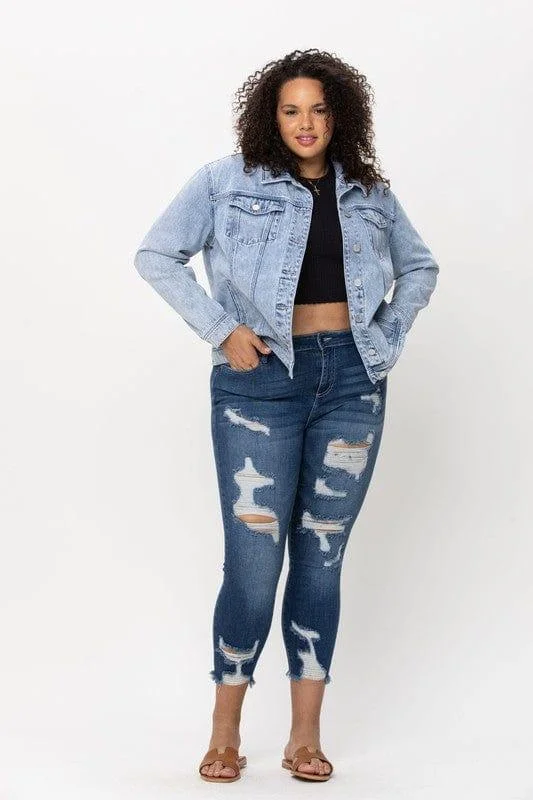 Plus Women's mid length mid wash denim jacket