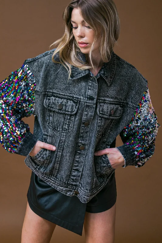 Women's Sequin Sleeve Washed Denim Jacket in Black