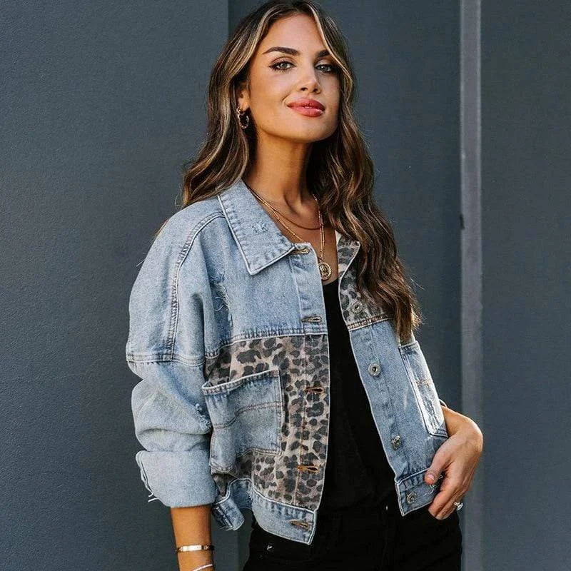 Bohemian Long Sleeve Leopard Print Denim Jacket