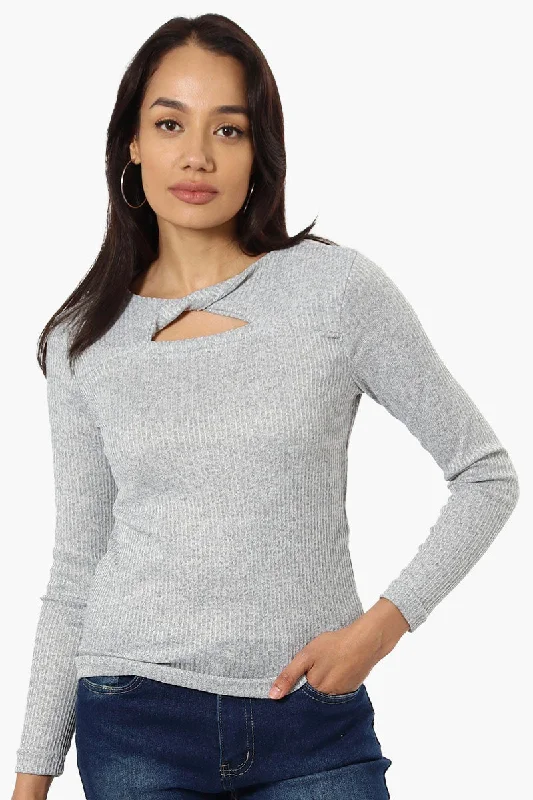 Magazine Ribbed Front Twist Long Sleeve Top - Grey