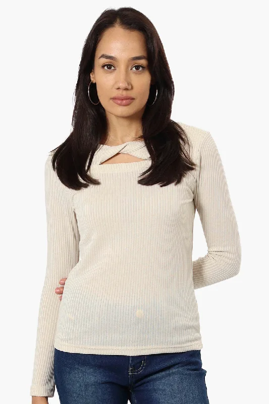 Magazine Ribbed Front Twist Long Sleeve Top - Beige