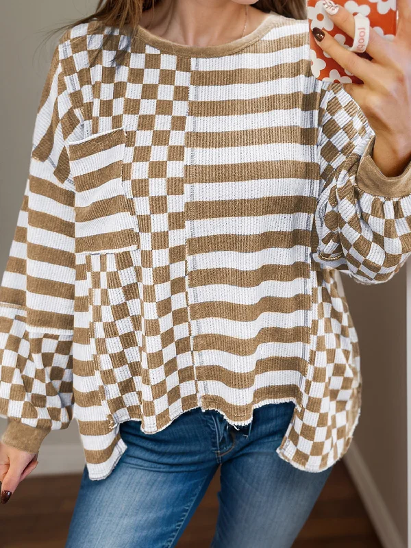 Hazel Blues® |  Checker & Stripes Round Neck Long Sleeve Blouse