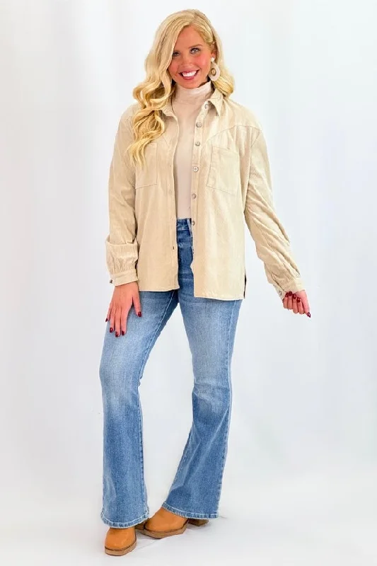 Taupe Corduroy Long Sleeve Pocket Top