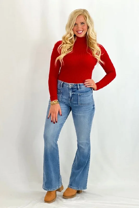 Red Long Sleeve Mock Neck Body Suit