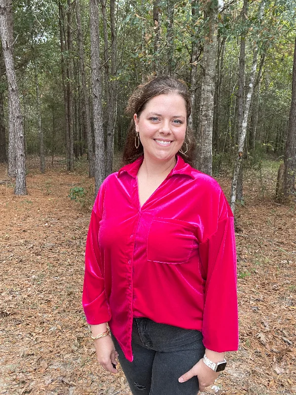 Fuchsia Pink Velvet Long Sleeve Button up