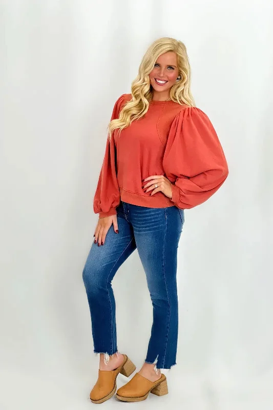 Brick Washed Puff Sleeve Long Sleeve Top