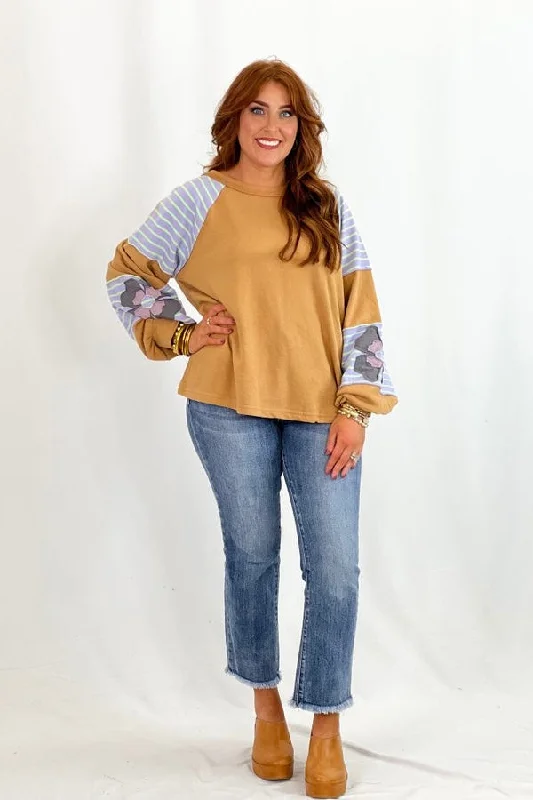 Camel Flower Patch Contrast Long Sleeve Top *FINAL SALE*