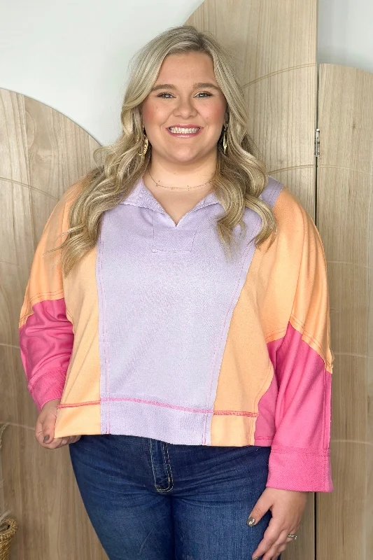 Lavender Orange Color Block Long Sleeve Top