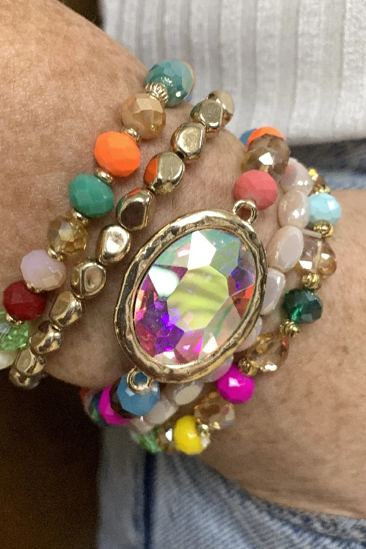 Emma Stretch Bracelet Set With Bright Colors And Large AB Crystal Charm