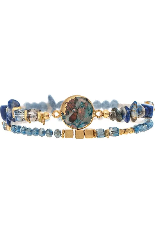 Rain Jewelry Gold Blue Glass Square Bead Bracelet Set