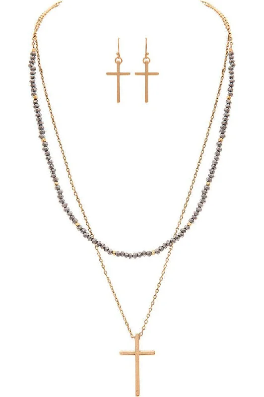 Rain Jewelry Gold Grey Bead Layered Cross Necklace Set