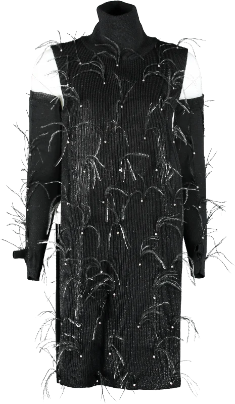 Santa Brands Black Crystal & Feather Embellished Open High Neck Sweater And Long Gloves Set One Size