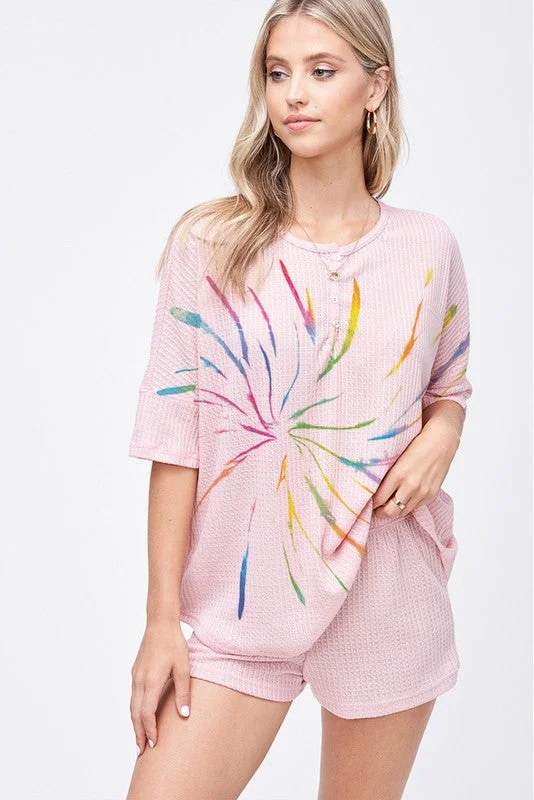 Tie Dye Henley Lounge Set, Pink