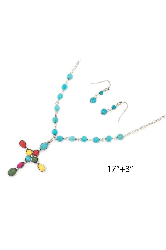 Viola Semi Genuine Stone Cross Pendant With Turquoise Stone Bead Necklace Set