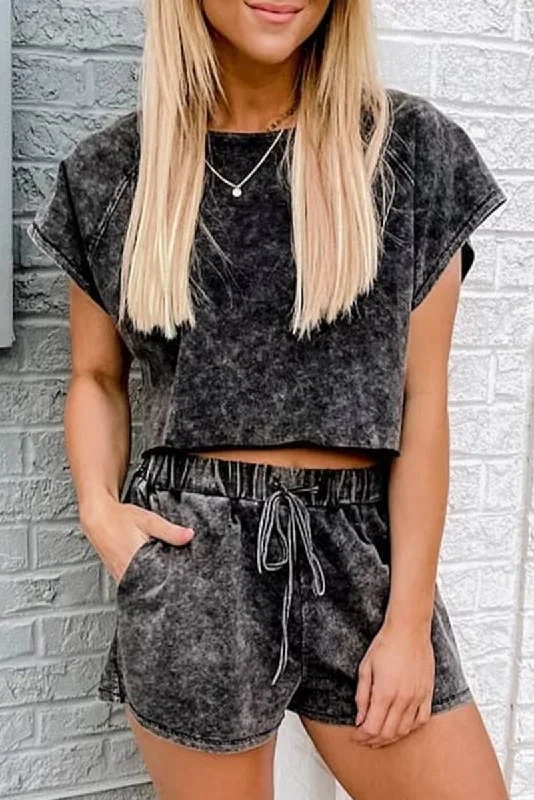 Black Distressed Bleach Short Lounge Set