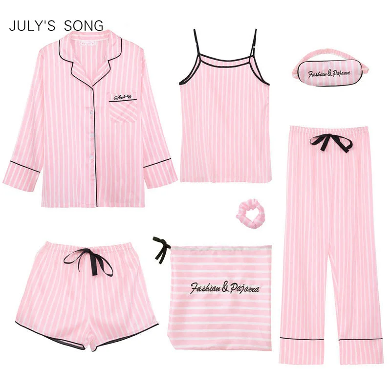 JULY'S SONG Pink Women's 7 Pieces Pajamas Sets Emulation Silk Striped Pyjama Women Sleepwear Sets Spring Summer Autumn Homewear