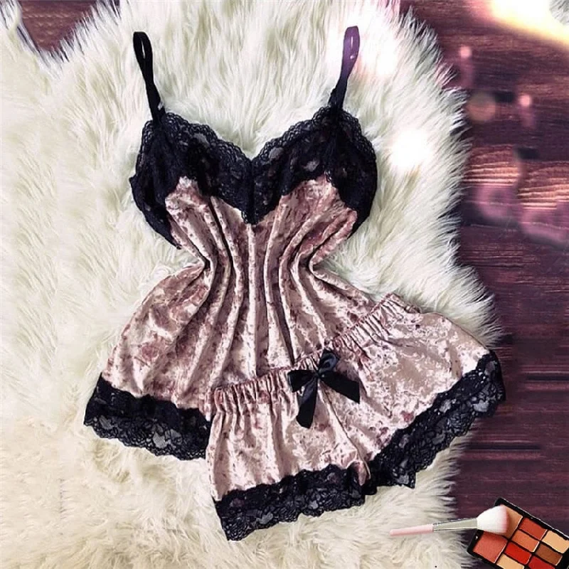 Sexy Lingerie Set Velvet Sleepwear Women's Pajama Set Sexy Temptation Babydoll Nightwear Cute Cami Top and Shorts Pijama Mujer E