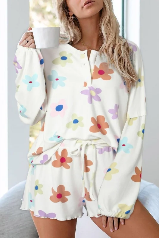 Henley Floral White Loungewear Set